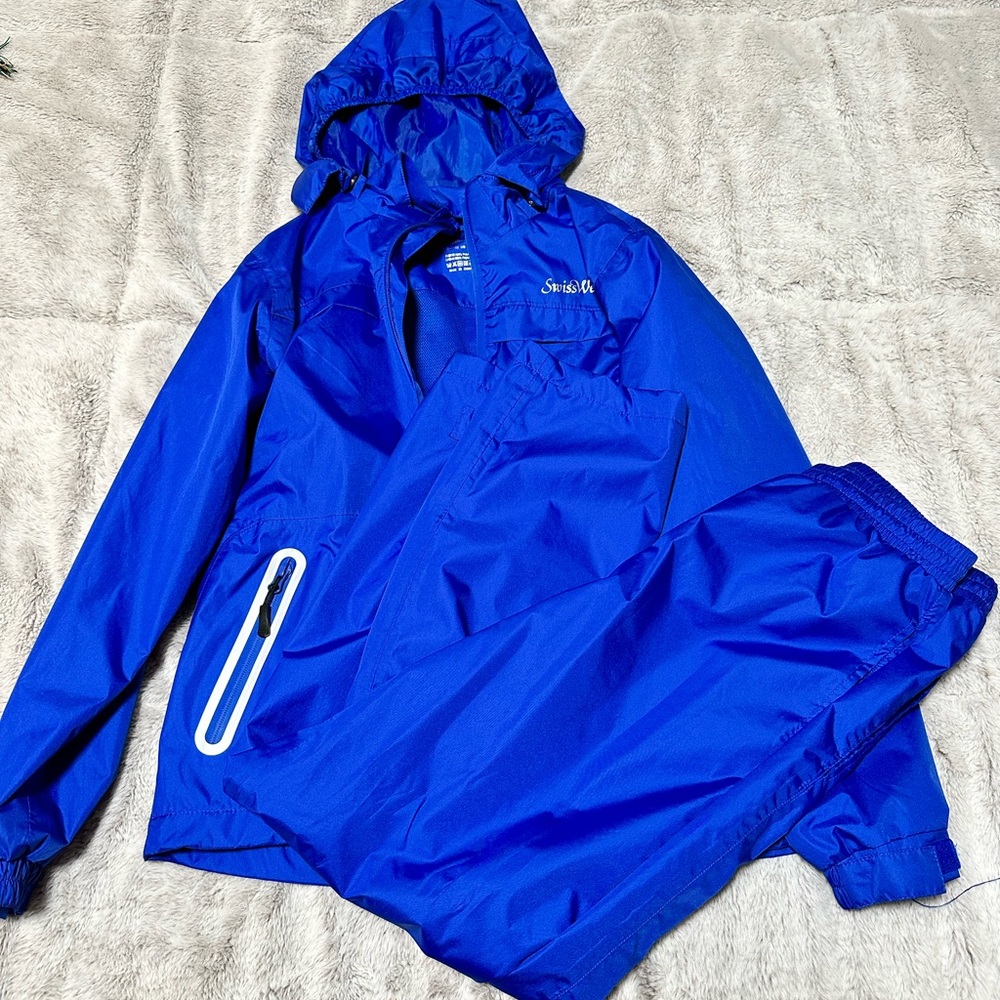 Swiss well, blue, new rain jacket/pants
